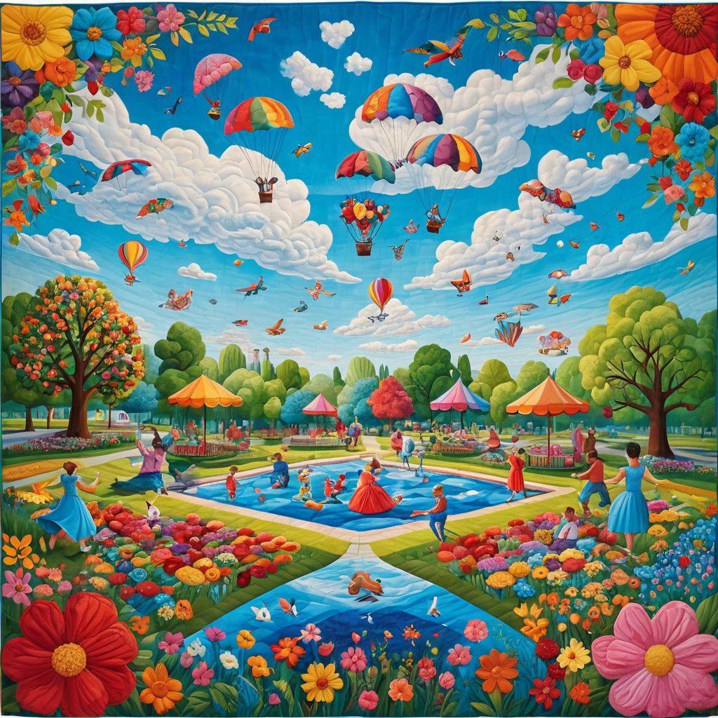 A colorful quilt of whimsical scenes depicting people joyfully engaging in various fun activities like dancing, painting, and playing games together in a vibrant park filled with oversized flowers and playful animals. Each scene should exude a sense of togetherness and laughter, with bright, imaginative colors enhancing the festive atmosphere. The sky should be a cheerful blue with floating, cartoonish clouds. super-realistic. vibrant colors. 3D.