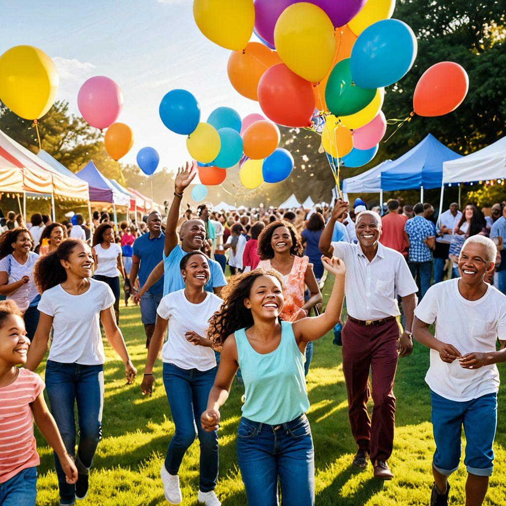 A lively outdoor setting with diverse groups of people of all ages engaging in various playful activities like games, dance, and laughter. Colorful banners and balloons are displayed around, enhancing the festive atmosphere. In the background, a sunset casts a warm glow over the scene, symbolizing joy and connection. The overall vibe should convey happiness and community spirit. vibrant colors. super-realistic.