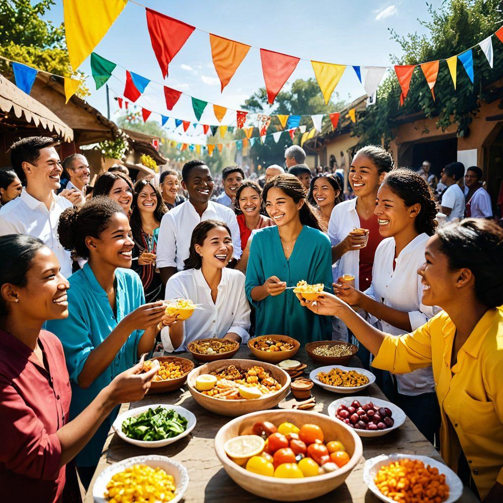 A vibrant outdoor gathering with diverse groups of people from different cultures joyfully interacting, sharing food, and participating in traditional games. Flags representing various countries hang in the background, while beautiful decorations and a sunny atmosphere reflect a sense of community and celebration. The scene is filled with laughter and warmth, emphasizing the theme of unity and connection beyond borders. colorful art. super-realistic. vibrant colors.